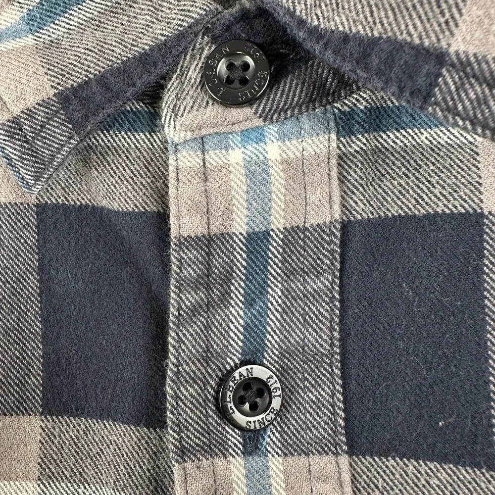 LL Bean Fleece Lined Flannel Shirt Jacket Mens L Tall Navy Blue Plaid 298190